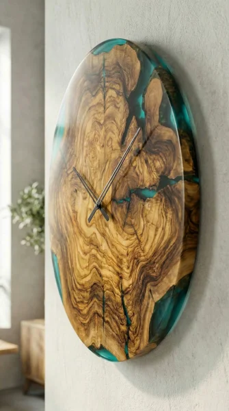 Настенные часы из капового карагача со смолой — Карагач / Эпоксидная смола